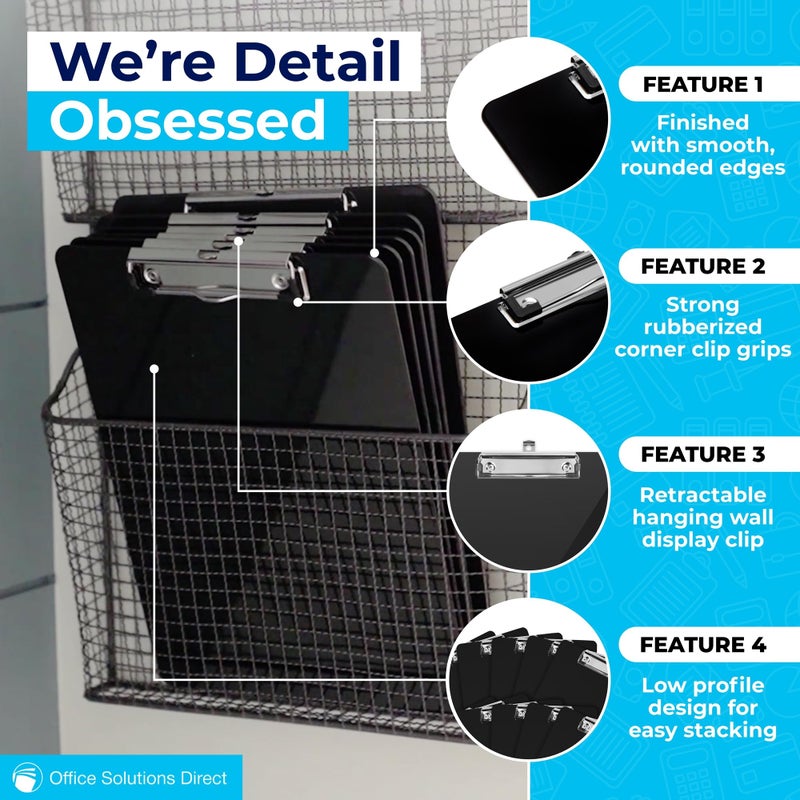 Office Solutions Direct Black Plastic Clipboards (Set of 6) Multipack - 12.5x9 Inch Clipboard Holds 100 Sheets, Low Profile | Colored Acrylic Clip Boards in Bulk for Kids & Professionals - Image 2